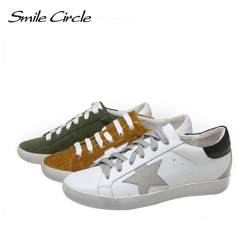 

Smile Circle Women Sneakers Shoes 2019 spring new Flat shoes fashion Round toe Genuine Leather Outdoor white Ladies shoes