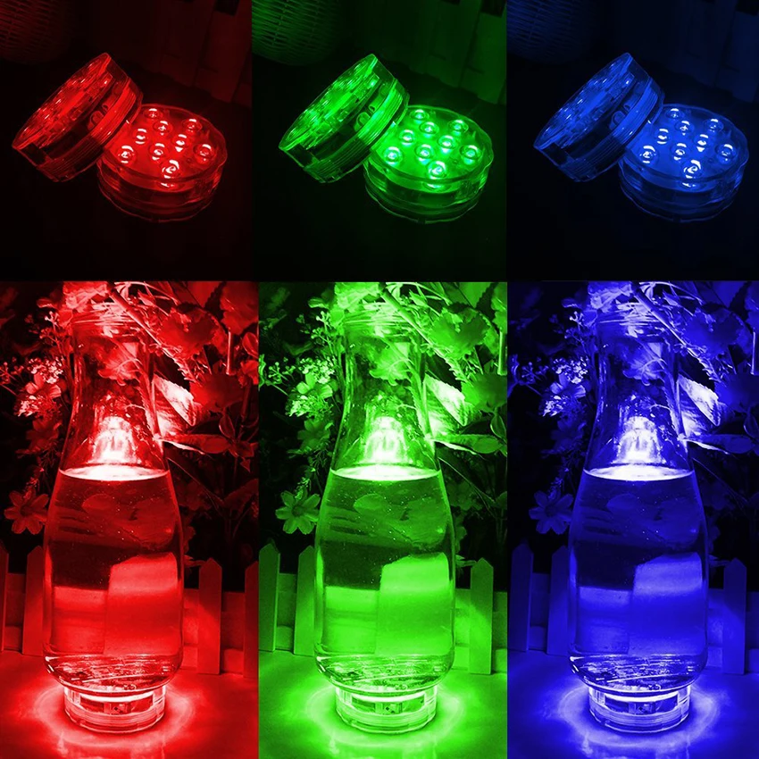 10 светодиодов RGB подводный погружной светодиодный светильник, водонепроницаемый на батарейках, светильник для пруда, бассейна, для вазы, цветов, аквариума