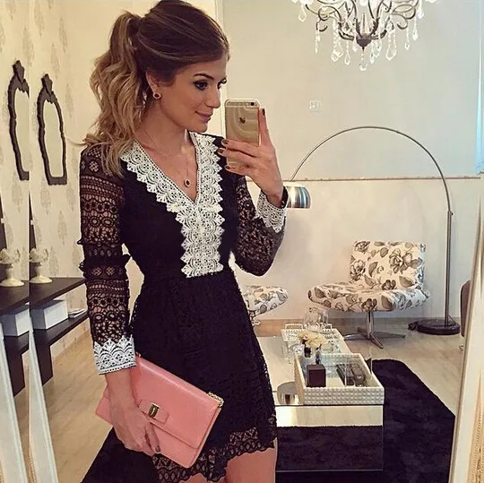 2016 New Fashion Women A-line Dress Sexy Black Hollow Out Lace Dresses Casual Long Sleeve Mini Dress