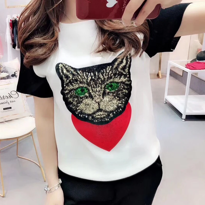 

ALPHALMODA 2018 Summer Women's Fashion Cat Appliques Short-sleeved Sequined Knit T-shirts + Pants 2pcs Knitting Sets