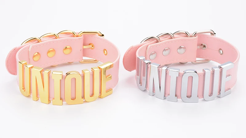 Customized Design Unique Women Men Alphabet Letter UNIQUE Necklace Gold Silver Choker Pink Faux Leather Exaggerated Words Collar 10