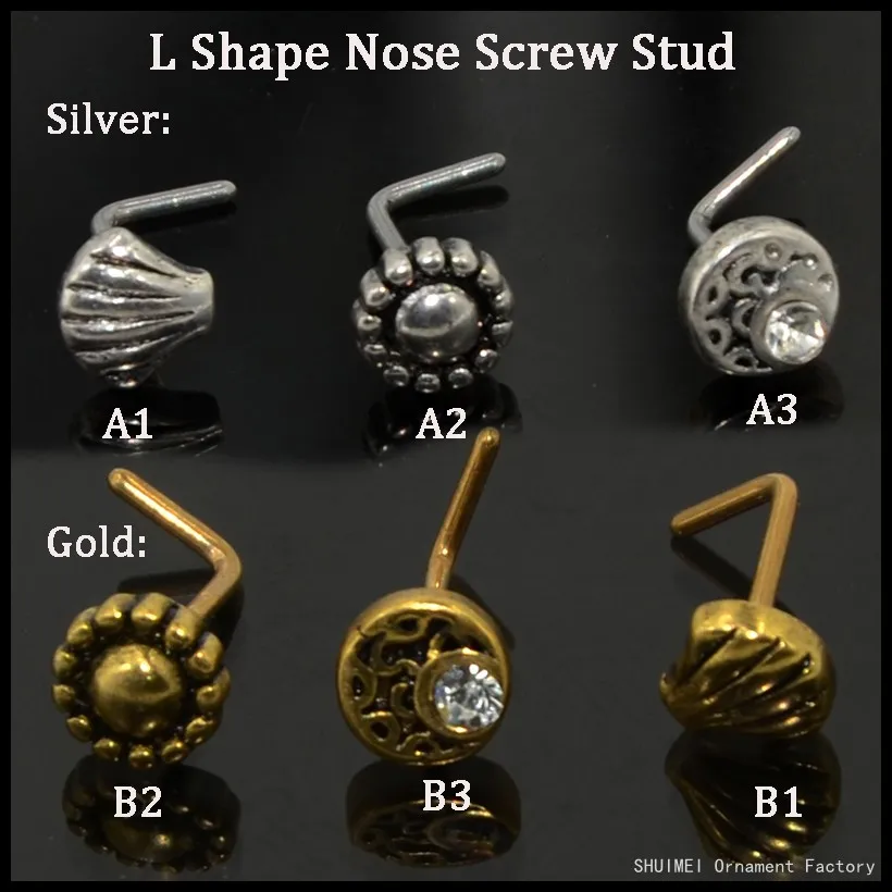 1PC 316l Surgical Steel&Brass Crescent Sparkle,Dotted Sun,Seashell Design L Shape Nose Screw