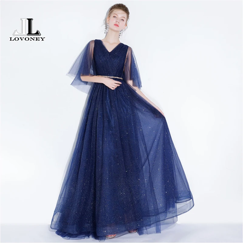 

DEERVEADO Elegant A Line V Neck Tulle Evening Dress Long Tulle Evening Party Dresses Prom Gown 2019 New Vestido De Festa YS421