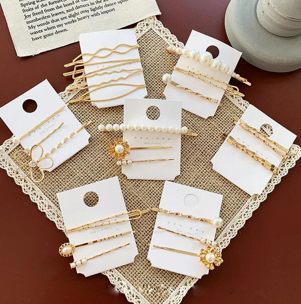 

2019 Korea Imitiation Pearl Hairpins Metal Gold Color Rhinestones Hair Clips Hair Accessories for Women Hollow Flower Hai