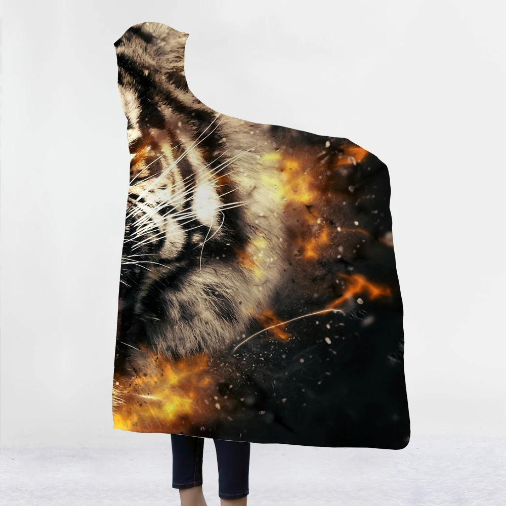 Одеяло с капюшоном с изображением тигра, волка, Луны, с 3D принтом животных, с капюшоном, супер мягкое одеяло из микрофибры кораллового флиса, s для зимних подарков