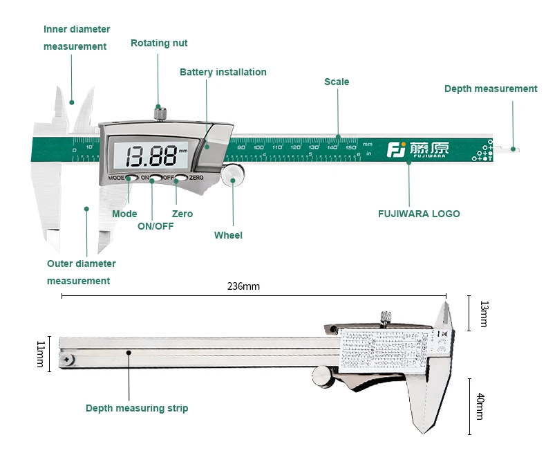 FUJIWARA цифровой дисплей штангенциркуль из нержавеющей стали 0-150 мм 1/64 фракции/дюйм/миллиметр IP54 Высокоточный 0,01 мм