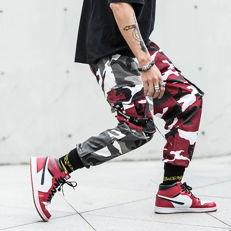 Calças de Camuflagem Streetwear do Punk Cor do Contraste Homens Calças Camo Carga Calças Hip Hop Casuais Atleta Masculino Hombre Juventude Algodão Outono