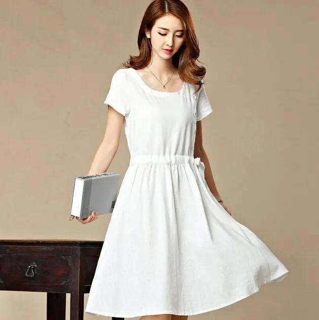 Linen Knee Length Dress Short Sleeve Solid Button Linen Casual Dresses