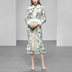 Весна взлетно-посадочной полосы дизайнер Для женщин комплект из двух предметов наряды 2019 Изящный бант с цветочным принтом Топ + оборками