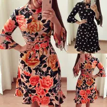 Модное женское винтажное сексуальное Бандажное облегающее платье с полым рукавом в горошек с цветочным принтом, Вечерние Повседневные Платья Миди