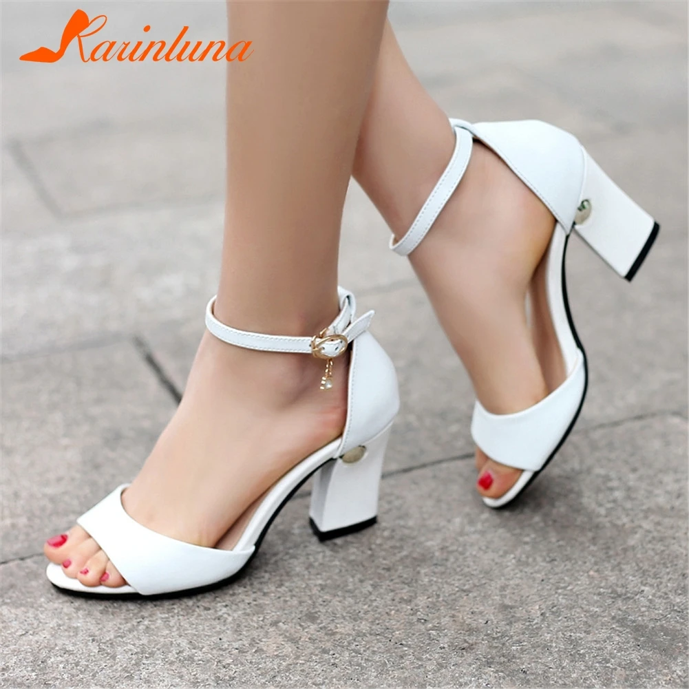 

KARINLUNA Big Size 34-43 New Cow Leather Metal Decoration Ankle Strap High Heels Shoes Woman Casual Office Summer Sandals
