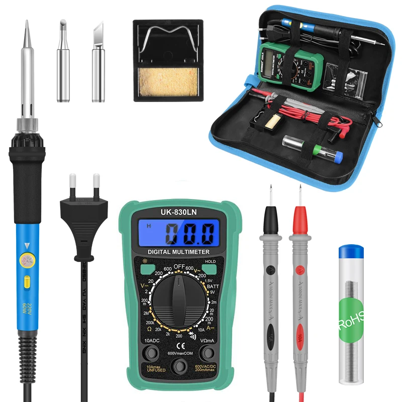 

220V 60w Adjustable Temperature Soldering Iron Kit With LCD Digital Multimeter Meter Probe 2 Tips Iron Stand Welding Repair Tool