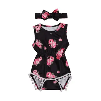 

Pudcoco Toddler Infant Baby Girl Floral Tassel Romper Sleeveless Cotton Jumpsuit Handband Outfits Sunsuit Summer Clothes 2pcs