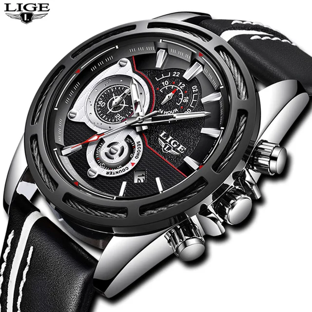 

LIGE Sport Chronograph Mens Watches Top Brand Luxury Casual Leather Quartz Watch Men Military Waterproof Clock Relogio Masculino