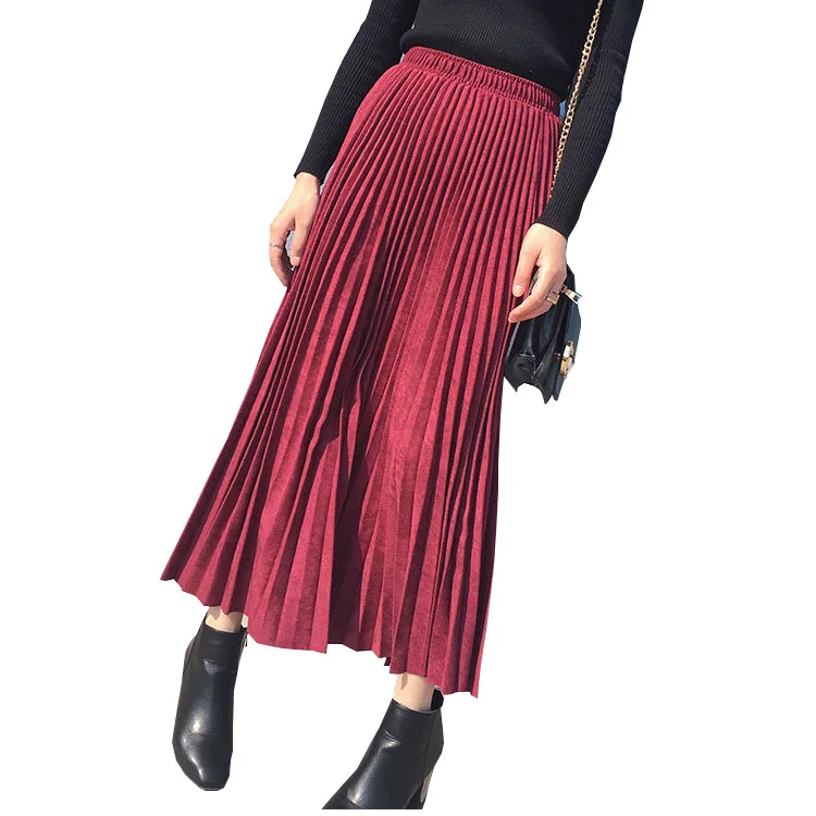 

2019 Women Spring Pleated Skirts Stretch High Waist Women Long Skirt Harajuku Saias Women Suede Midi Skirt Jupe Femme Faldas