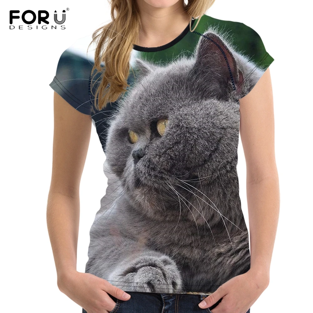 FORUDESIGNS Stylish Women Summer T Shirts Kawaii 3D Cat Kitten ...