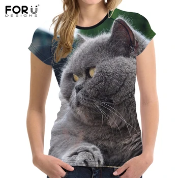 

FORUDESIGNS Stylish Women Summer T Shirts Kawaii 3D Cat Kitten Chartreux Print Teen Girls T-shirts O Neck Short Sleeve Tops Tees
