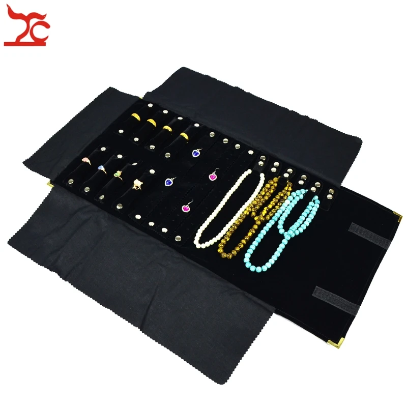 Brand New Metal  Gold Corner Black Velvet Jewelry Display Storage Pouch Ring Necklace Earring Jewelry Organizer Roll Bag 29*10cm