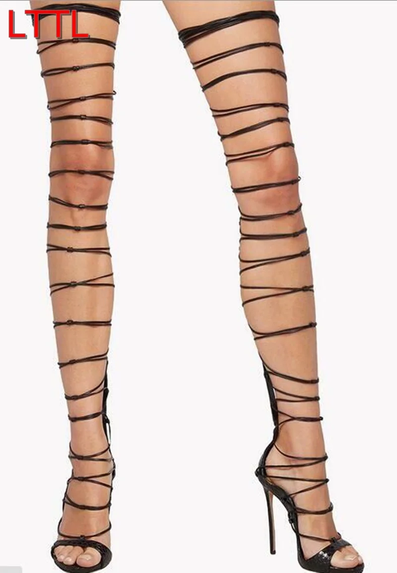 Women Lace Up Sandals Boots Over Knee Thigh High Gladiator Boots Thin Heel Over Knee Black Snake Print Leather Caged Boots