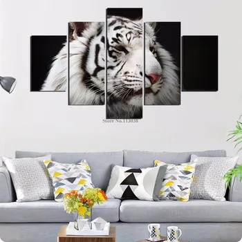 

5 Panels White Big Tiger Printed Canvas Painting Living Room Animl Wall Art Pictures Home Poster Do Dropship No Frame