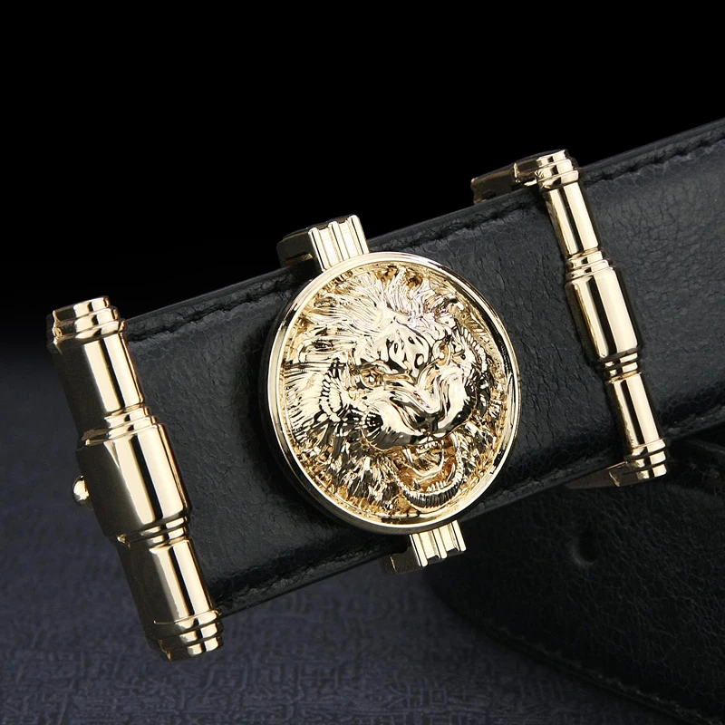 

Designer fashion Lion buckle high quality genuine leather belt luxury brand Waist Strap male cowhide casual jeans gray belt