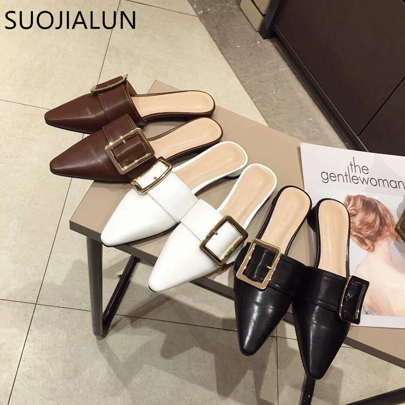 

SUOJIALUN Women Brand Slippers Flat Women Casual Shoes Slip On Slide Buckle British Shoes Pointed Toe Low Heel Slides Shoes