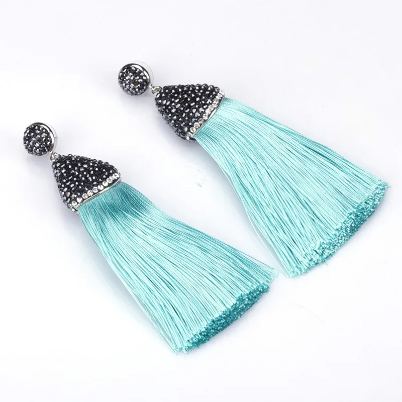 

Boho Light Sky Blue Turquoises Cyan Aqua Spindrift Silk Thick Tassel Rhinestone Cap Charm Studs Dangle Tassel Earrings For Women