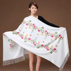 Белый Новый Вышивка цветок Для женщин Пашмины Хиджаб шарф зимние теплые жаккардовые Чал длинные Ленточки шаль Цветочный глушитель Шарфы