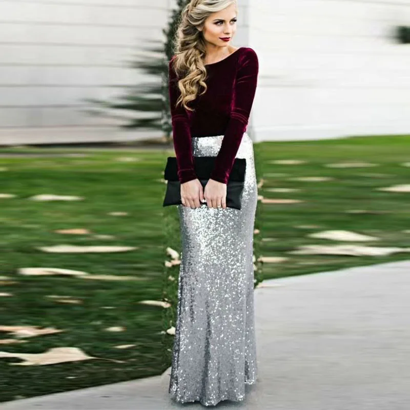 Silver Femme Lentejuelas Falda Sirena Las Para Encargo Maxi Sequin Faldas Alta De Saia Plata Cintura Jupe Largo Glitter Mujeres Por 1TwdB1