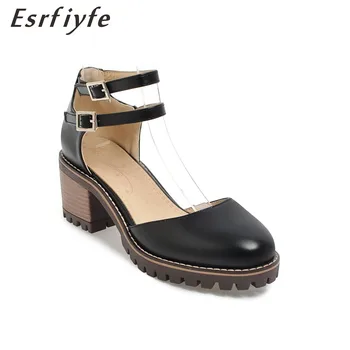 

ESRFIYFE 2018 New Summer Women Sandals Two Buckle Thick Heels Fashion Round Toe Shoes Women Causal Shoes Handmade Big Size 34-43