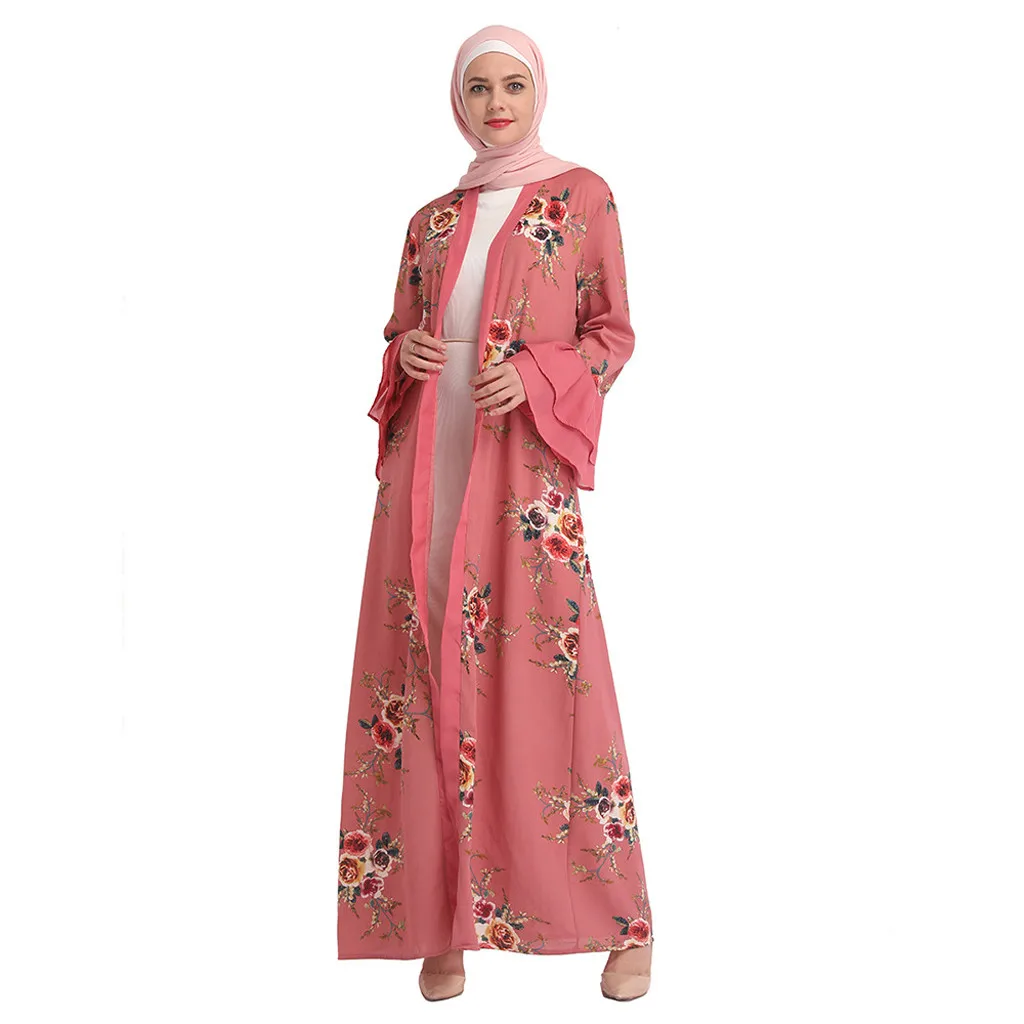 Muslim Abaya Floral Maxi Dress Cardigan FLowers Skirt printed Long Robes Tunic Middle East Ramadan Islamic Clothing black 4.13
