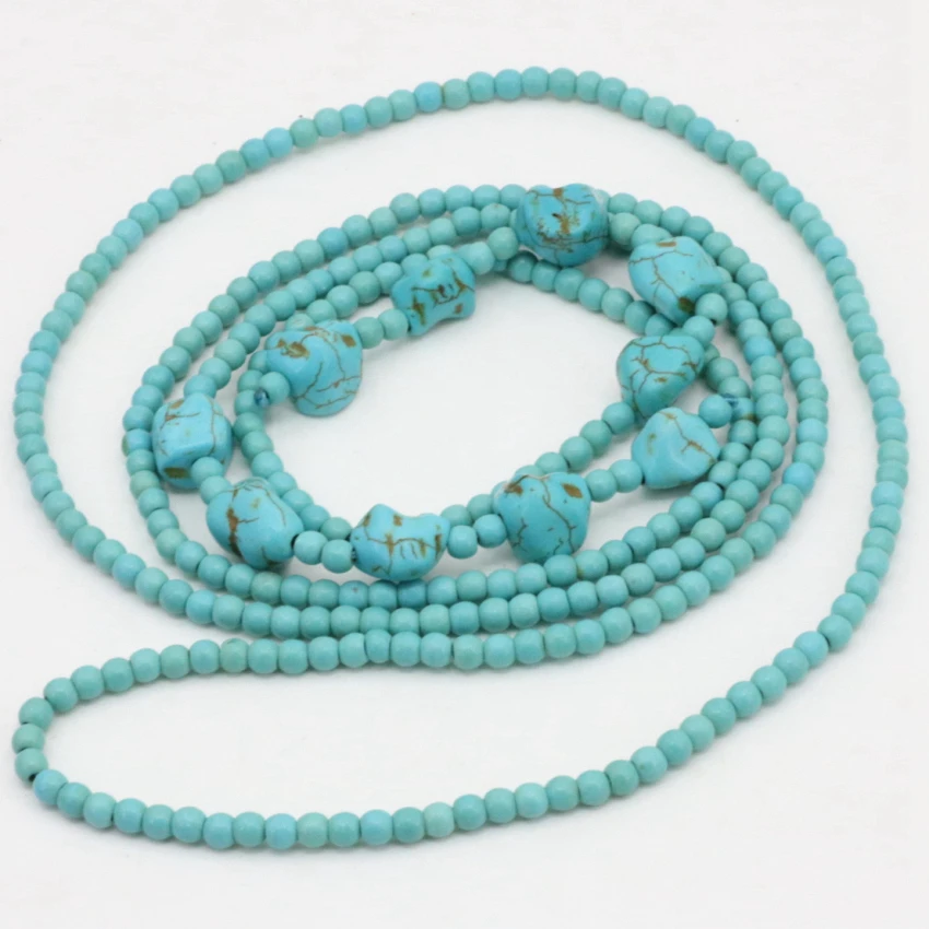 

Long chain necklace statement jewelry for women fashion vintage calaite turquoises Bohemia 4mm round beads neck 50inch B3190