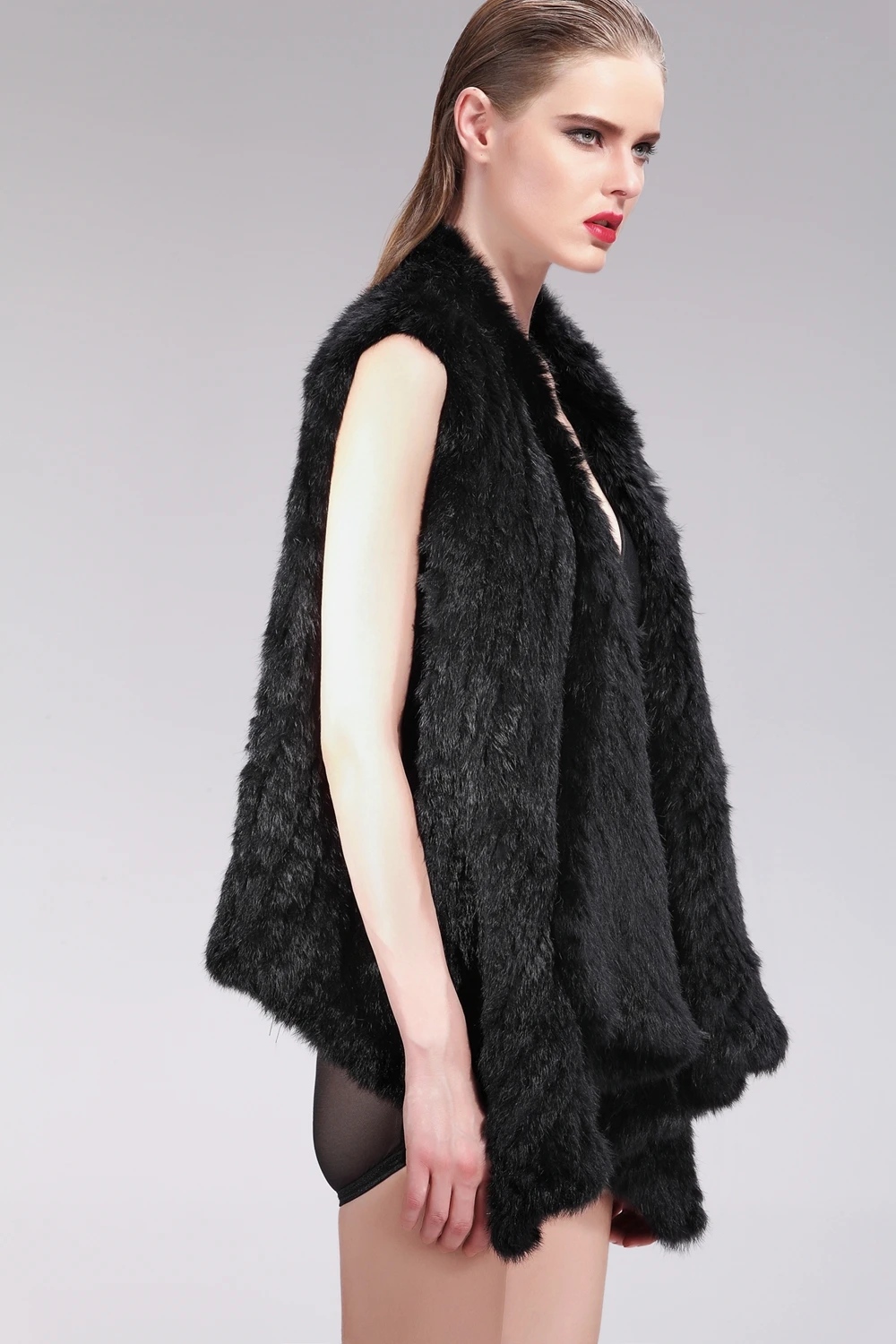 ZY88010 Classic Lady Genuine Knitted Winter Women Rabbit Fur Turn-Down Fur Vest Fur Waistcoat Gilet Outwear long duvet coat