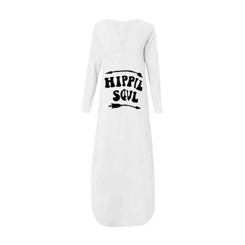 Letter Print Dress Women Long Sleeve Loose Beach Dress Plus Size V Neck Sexy Dress Casual Vestidos De Verano 40JUL1215