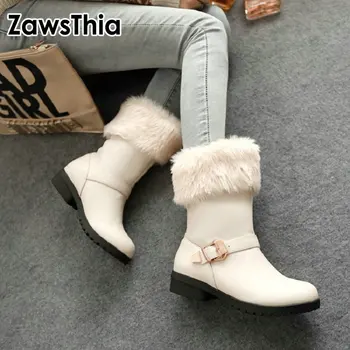 

ZawsThia 2020 winter warm faux fur plush boots for woman red white black casual flat boots with buckle women snow boots size 43