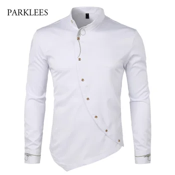 

White Embroidery Shirt Men Chemise Homme 2018 luxury Brand Oblique Button Irregular Mens Dress Shirts Solid Color Social Camisa