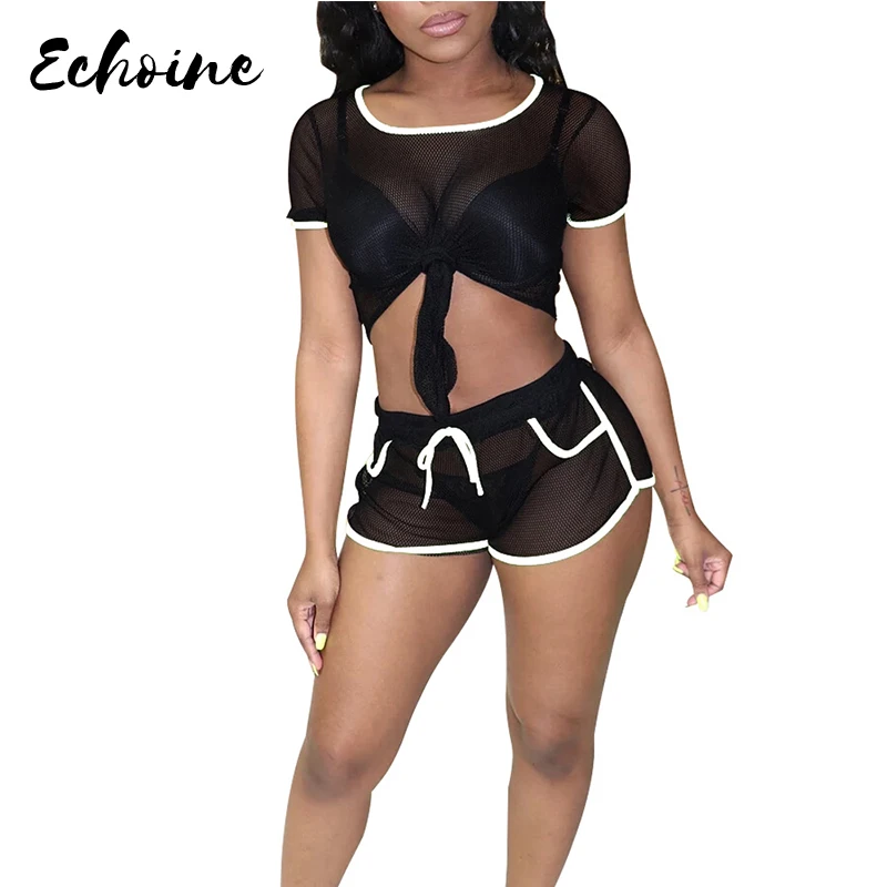 

Echoine Sexy See Through Colorblock Two Piece Set Women Bandage Crop Tops Short Pants Plus Size Sporting Tracksuits Outfits