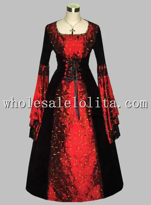 

Gothic Black and Red Thai Silk Print Victorian Era Princess Dress