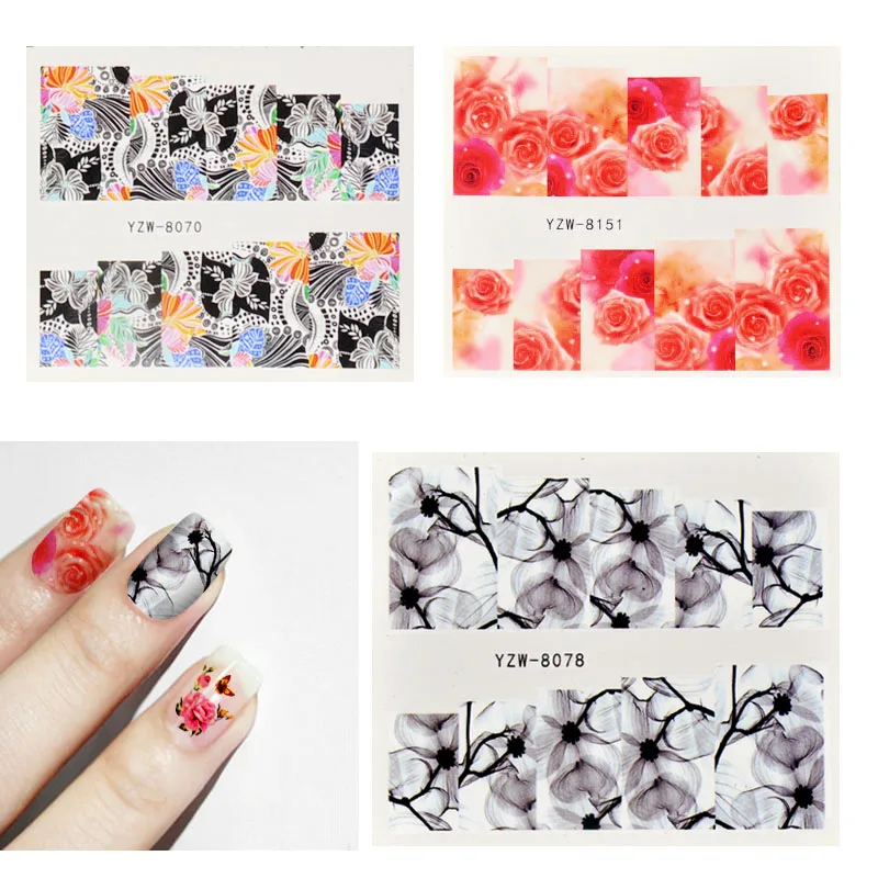 Набор наклеек для ногтей, 54 шт, смешанные наклейки с полным покрытием, Цветочные наклейки для ногтей, украшения для ногтей