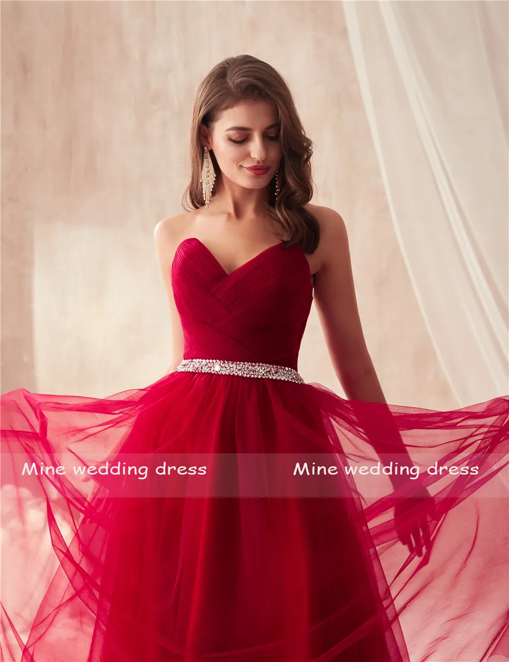 Элегантное бордовое Тюлевое платье для выпускного вечера для женщин для свадебной вечеринки лиф с сердечком с рюшами бисер створки Длинные платья Вечерние платья