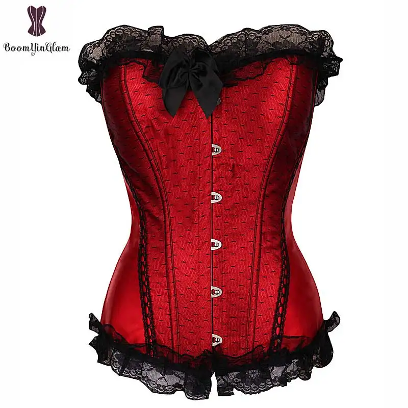 Black Spots Sexy Red Corset Overbust Lace Up Bustier Plus Size Plastic Boned Corselet Gothic Outfit Waist Trainer Cincher Shaper