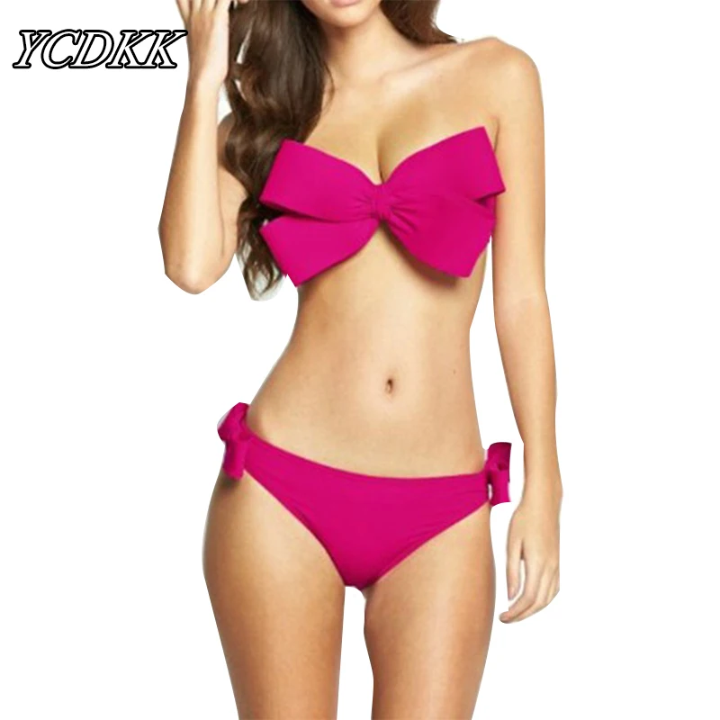 

YCDKK 2017 Sexy Brazilian Bikinis Black Swimwear Women Big Bow Bandeau Halter Swimsuit Solid Swimwear Women Push Up Bathing Suit
