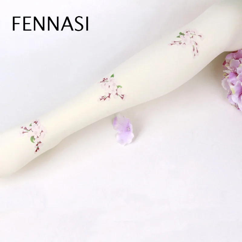 Женские колготки в японском стиле FENNASI белые бархатные ретро с цветочным принтом