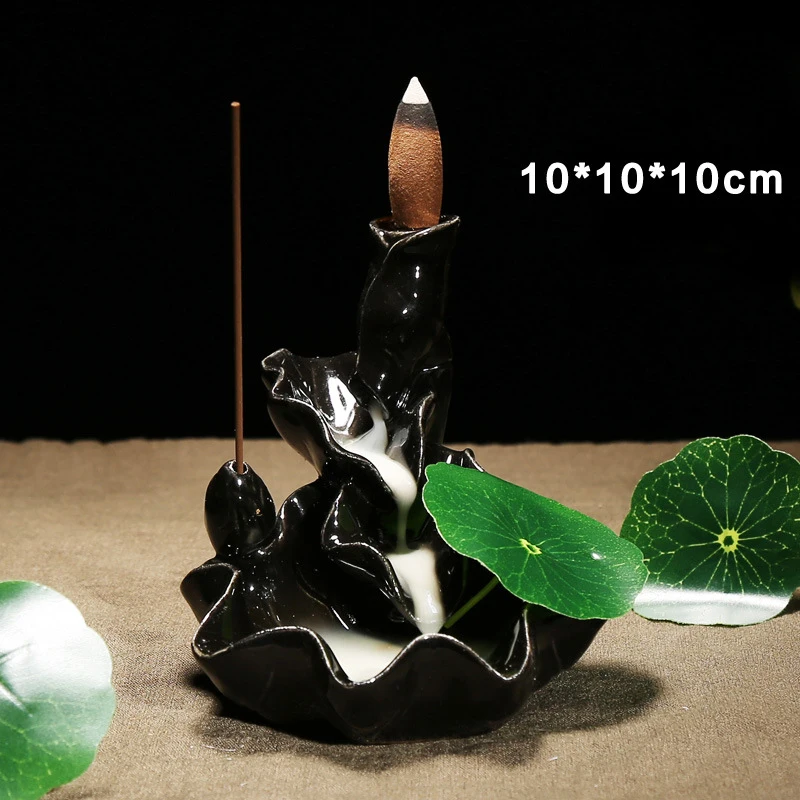 Creative Home Decor Ceramics Lotus leaf water Stick Censer Backflow Incense Burner Waterfall
