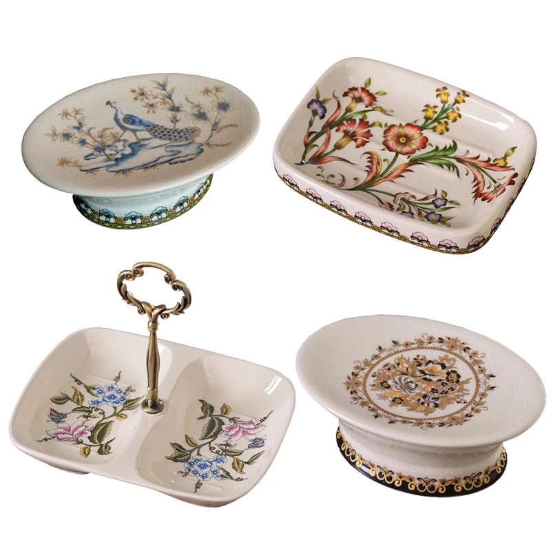 European Antique Retro ceramic soap box with drainer soap dish shower tray soapbox draining rack Bathroom accessories draining soap dish with lid