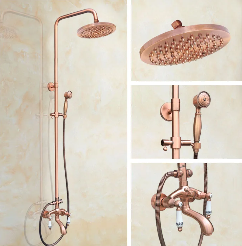 

Antique Red Copper Brass Dual Ceramic Handles Bathroom 8" Round Rain Shower Head Faucet Set Tub Mixer Tap Wall Mounted mrg533