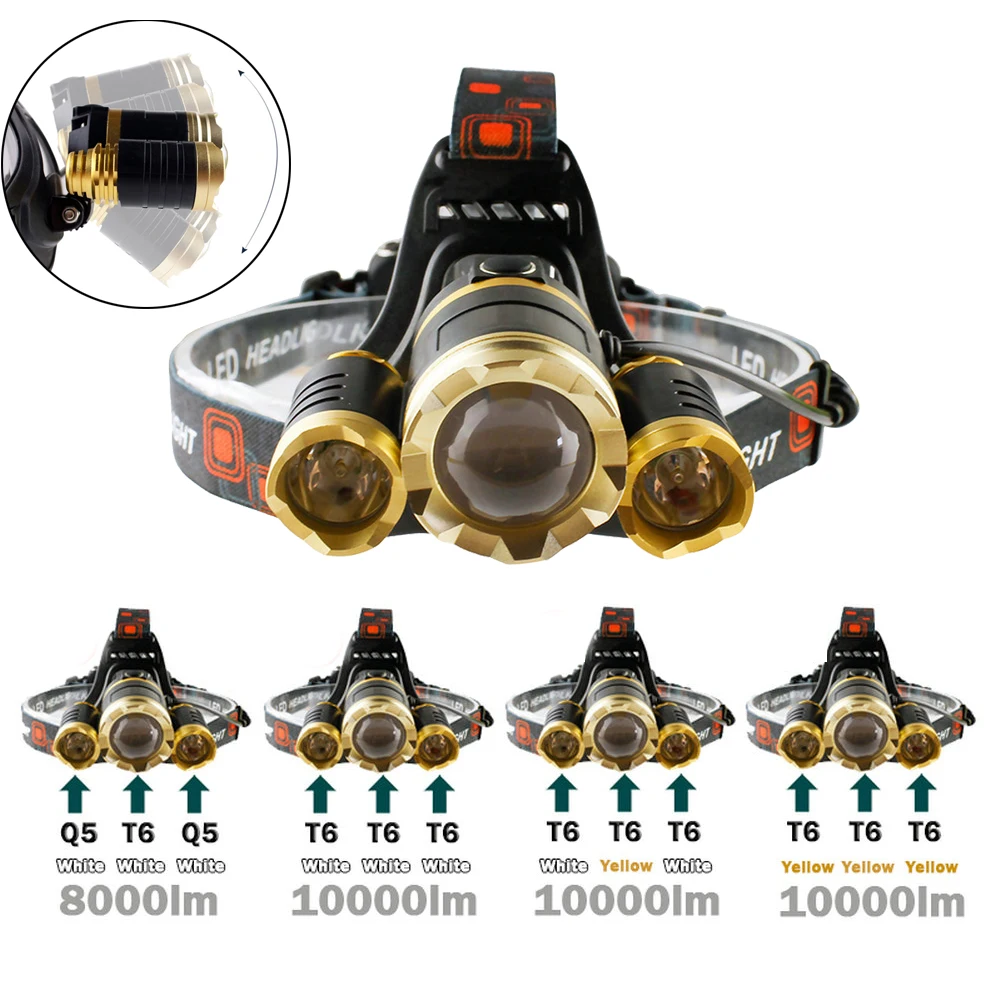 Высокомощный светодиодный налобный фонарь 3 xml T6 белый желтый свет головной Карманный Электрический фонарик, светодиодный фонарик zoom водонепроницаемый перезаряжаемый Головной фонарь 18650 свет