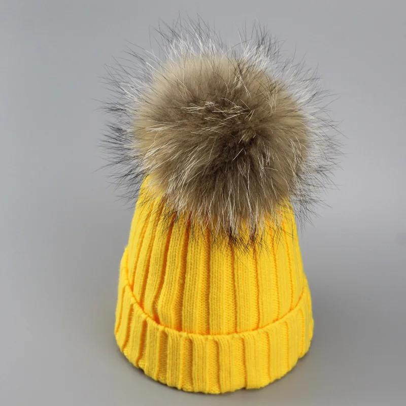 Зимняя шапка с натуральным мехом, шапка с помпоном из енота для женщин, брендовая плотная женская шапка, шапка для девочек, вязаные шапки, шапки,, новинка, 9275 - Цвет: yellow