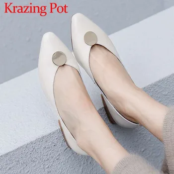 

Fashion brand real full grain leather high quality metal decoration 2018 recommend square toe female shallow slip on pumps L22