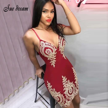 

2019 summer new women's red black sexy party dress fashion women's bandage dress V-neck embroidery flower tight mini dress
